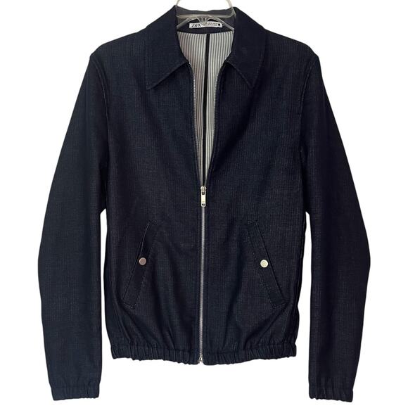 Zara Men's Navy Blue Bomber Jacket Full Zip Sz Small Casual Varsity Style Collar - Picture 1 of 8